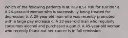 Which of the following patients is at HIGHEST risk for suicide? a. A 24-year-old woman who is successfully being treated for depression b. A 29-year-old man who was recently promoted with a large pay increase c. A 33-year-old man who regularly consumes alcohol and purchased a gun d. A 45-year-old woman who recently found out her cancer is in full remission