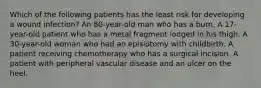 Which of the following patients has the least risk for developing a wound infection? An 80-year-old man who has a burn. A 17-year-old patient who has a metal fragment lodged in his thigh. A 30-year-old woman who had an episiotomy with childbirth. A patient receiving chemotherapy who has a surgical incision. A patient with peripheral vascular disease and an ulcer on the heel.