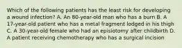 Which of the following patients has the least risk for developing a wound infection? A. An 80-year-old man who has a burn B. A 17-year-old patient who has a metal fragment lodged in his thigh C. A 30-year-old female who had an episiotomy after childbirth D. A patient receiving chemotherapy who has a surgical incision