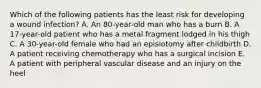 Which of the following patients has the least risk for developing a wound infection? A. An 80-year-old man who has a burn B. A 17-year-old patient who has a metal fragment lodged in his thigh C. A 30-year-old female who had an episiotomy after childbirth D. A patient receiving chemotherapy who has a surgical incision E. A patient with peripheral vascular disease and an injury on the heel