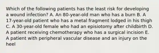 Which of the following patients has the least risk for developing a wound infection? A. An 80-year-old man who has a burn B. A 17-year-old patient who has a metal fragment lodged in his thigh C. A 30-year-old female who had an episiotomy after childbirth D. A patient receiving chemotherapy who has a surgical incision E. A patient with peripheral vascular disease and an injury on the heel