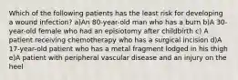 Which of the following patients has the least risk for developing a wound infection? a)An 80-year-old man who has a burn b)A 30-year-old female who had an episiotomy after childbirth c) A patient receiving chemotherapy who has a surgical incision d)A 17-year-old patient who has a metal fragment lodged in his thigh e)A patient with peripheral vascular disease and an injury on the heel