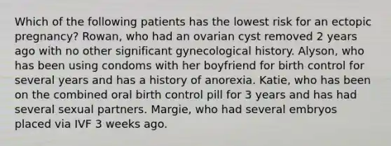 Which of the following patients has the lowest risk for an ectopic pregnancy? Rowan, who had an ovarian cyst removed 2 years ago with no other significant gynecological history. Alyson, who has been using condoms with her boyfriend for birth control for several years and has a history of anorexia. Katie, who has been on the combined oral birth control pill for 3 years and has had several sexual partners. Margie, who had several embryos placed via IVF 3 weeks ago.