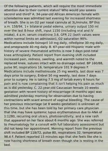 Of the following patients, which will require the most immediate attention due to their current status? Who would you assess second and third? A. 34-year-old African American female with scleroderma was admitted last evening for increased shortness of breath. She is on O2 per nasal cannula at 3L/minute, BP this a.m. 158/94, 1+ bilateral pedal edema, urinary output 150 ml over the last 8-hour shift, input 1150 (including oral and IV intake), 4 a.m. serum creatinine 3.6, GFR 22 (both values were within normal limits on admission), O2 saturation 90%. Medications include lisinopril 10 mg daily, nifedipine 30 mg daily, and omeprazole 40 mg daily. B. 67-year-old Hispanic male with history of severe rheumatoid arthritis is now 3 days post-total knee arthroplasty. Patient report from evening shift included increased pain, redness, swelling, and warmth noted to the replaced knee, sutures intact with no drainage noted. BP 160/88, pulse 90, respirations 16, temperature 101.9 degrees F. Medications include methotrexate 25 mg weekly, last dose was 7 days prior to surgery, Enbrel 50 mg weekly, last dose 7 days prior to surgery. He is taking 7.5 mg of lortab every 6 hours for pain and is now complaining that it isn't helping his pain as much as is did yesterday. C. 22-year-old Caucasian female 10 weeks gestation with recent history of miscarriage (4 months ago) was admitted yesterday morning for observation due to having contractions with scant amount of vaginal bleeding. The cause of her previous miscarriage (at 8 weeks gestation) is unknown at this time, but she has been told by her primary care physician that she may have systemic lupus erythematosus due to ANA of 1:1280, recurring oral ulcers, photosensitivity, and a new rash that appeared on her face about 6 months ago. She was referred to rheumatology for a consult with full laboratory assessment but did not keep her appointment. Morning report from the previous shift included BP 118/72, pulse 80, respirations 32, temperature 98.4 F. Patient reported 15 minutes ago that she feels like she is now having shortness of breath even though she is resting in the bed.