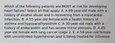 Which of the following patients are MOST at risk for developing heart failure? Select all that apply: A. A 69-year-old male with a history of alcohol abuse and is recovering from a myocardial infarction. B. A 55-year-old female with a health history of asthma and hypoparathyroidism C. A 30-year-old male with a history of endocarditis and has severe mitral stenosis. D. A 45-year-old female with lung cancer stage 2. E. A 58-year-old female with uncontrolled hypertension and is being treated for influenza