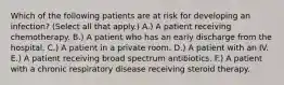 Which of the following patients are at risk for developing an infection? (Select all that apply.) A.) A patient receiving chemotherapy. B.) A patient who has an early discharge from the hospital. C.) A patient in a private room. D.) A patient with an IV. E.) A patient receiving broad spectrum antibiotics. F.) A patient with a chronic respiratory disease receiving steroid therapy.