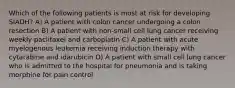 Which of the following patients is most at risk for developing SIADH? A) A patient with colon cancer undergoing a colon resection B) A patient with non-small cell lung cancer receiving weekly paclitaxel and carboplatin C) A patient with acute myelogenous leukemia receiving induction therapy with cytarabine and idarubicin D) A patient with small cell lung cancer who is admitted to the hospital for pneumonia and is taking morphine for pain control