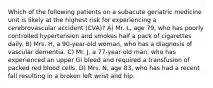 Which of the following patients on a subacute geriatric medicine unit is likely at the highest risk for experiencing a cerebrovascular accident (CVA)? A) Mr. L, age 79, who has poorly controlled hypertension and smokes half a pack of cigarettes daily. B) Mrs. H, a 90-year-old woman, who has a diagnosis of vascular dementia. C) Mr. J, a 77-year-old man, who has experienced an upper GI bleed and required a transfusion of packed red blood cells. D) Mrs. N, age 83, who has had a recent fall resulting in a broken left wrist and hip.