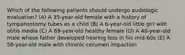 Which of the following patients should undergo audiologic evaluation? (A) A 35-year-old female with a history of tympanostomy tubes as a child (B) A 6-year-old little girl with otitis media (C) A 69-year-old healthy female (D) A 40-year-old male whose father developed hearing loss in his mid-60s (E) A 58-year-old male with chronic cerumen impaction