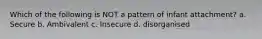 Which of the following is NOT a pattern of infant attachment? a. Secure b. Ambivalent c. Insecure d. disorganised