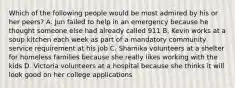 Which of the following people would be most admired by his or her peers? A. Jun failed to help in an emergency because he thought someone else had already called 911 B. Kevin works at a soup kitchen each week as part of a mandatory community service requirement at his job C. Shamika volunteers at a shelter for homeless families because she really likes working with the kids D. Victoria volunteers at a hospital because she thinks it will look good on her college applications