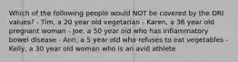 Which of the following people would NOT be covered by the DRI values? - Tim, a 20 year old vegetarian - Karen, a 36 year old pregnant woman - Joe, a 50 year old who has inflammatory bowel disease - Ann, a 5 year old who refuses to eat vegetables - Kelly, a 30 year old woman who is an avid athlete