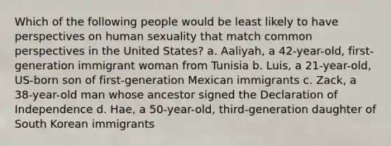 Which of the following people would be least likely to have perspectives on human sexuality that match common perspectives in the United States? a. Aaliyah, a 42-year-old, first-generation immigrant woman from Tunisia b. Luis, a 21-year-old, US-born son of first-generation Mexican immigrants c. Zack, a 38-year-old man whose ancestor signed the Declaration of Independence d. Hae, a 50-year-old, third-generation daughter of South Korean immigrants