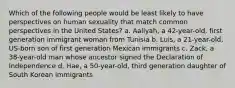 Which of the following people would be least likely to have perspectives on human sexuality that match common perspectives in the United States? a. Aaliyah, a 42-year-old, first generation immigrant woman from Tunisia b. Luis, a 21-year-old, US-born son of first generation Mexican immigrants c. Zack, a 38-year-old man whose ancestor signed the Declaration of Independence d. Hae, a 50-year-old, third generation daughter of South Korean immigrants