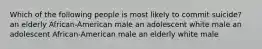 Which of the following people is most likely to commit suicide? an elderly African-American male an adolescent white male an adolescent African-American male an elderly white male