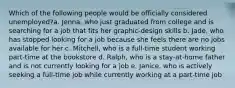 Which of the following people would be officially considered unemployed?a. Jenna, who just graduated from college and is searching for a job that fits her graphic-design skills b. Jade, who has stopped looking for a job because she feels there are no jobs available for her c. Mitchell, who is a full-time student working part-time at the bookstore d. Ralph, who is a stay-at-home father and is not currently looking for a job e. Janice, who is actively seeking a full-time job while currently working at a part-time job