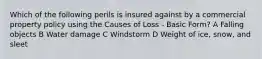 Which of the following perils is insured against by a commercial property policy using the Causes of Loss - Basic Form? A Falling objects B Water damage C Windstorm D Weight of ice, snow, and sleet