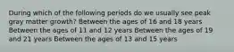 During which of the following periods do we usually see peak gray matter growth? Between the ages of 16 and 18 years Between the ages of 11 and 12 years Between the ages of 19 and 21 years Between the ages of 13 and 15 years