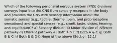 Which of the following peripheral nervous system (PNS) divisions conveys input into the CNS from sensory receptors in the body and provides the CNS with sensory information about the somatic senses (e.g., tactile, thermal, pain, and proprioceptive sensations) and special senses (e.g., smell, taste, vision, hearing, and equilibrium)? a) Sensory division b) Motor division c) Afferent pathway d) Efferent pathway e) Both A & B f) Both A & C g) Both B & C h) Both B & D i) None of the above (Section 12.1)