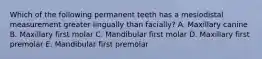 Which of the following permanent teeth has a mesiodistal measurement greater lingually than facially? A. Maxillary canine B. Maxillary first molar C. Mandibular first molar D. Maxillary first premolar E. Mandibular first premolar