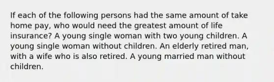 If each of the following persons had the same amount of take home pay, who would need the greatest amount of life insurance? A young single woman with two young children. A young single woman without children. An elderly retired man, with a wife who is also retired. A young married man without children.