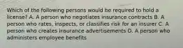 Which of the following persons would be required to hold a license? A. A person who negotiates insurance contracts B. A person who rates, inspects, or classifies risk for an insurer C. A person who creates insurance advertisements D. A person who administers employee benefits