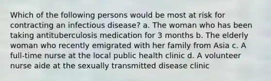 Which of the following persons would be most at risk for contracting an infectious disease? a. The woman who has been taking antituberculosis medication for 3 months b. The elderly woman who recently emigrated with her family from Asia c. A full-time nurse at the local public health clinic d. A volunteer nurse aide at the sexually transmitted disease clinic