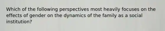 Which of the following perspectives most heavily focuses on the effects of gender on the dynamics of the family as a social institution?