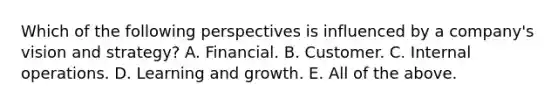 Which of the following perspectives is influenced by a company's vision and strategy? A. Financial. B. Customer. C. Internal operations. D. Learning and growth. E. All of the above.