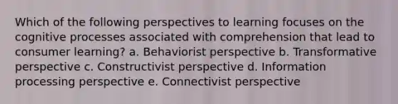 Which of the following perspectives to learning focuses on the cognitive processes associated with comprehension that lead to consumer learning? a. Behaviorist perspective b. Transformative perspective c. Constructivist perspective d. Information processing perspective e. Connectivist perspective