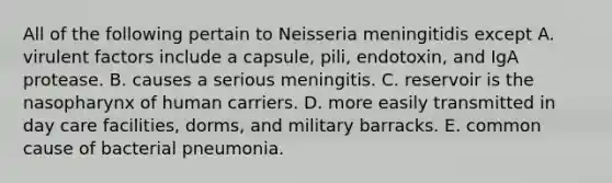 All of the following pertain to Neisseria meningitidis except A. virulent factors include a capsule, pili, endotoxin, and IgA protease. B. causes a serious meningitis. C. reservoir is the nasopharynx of human carriers. D. more easily transmitted in day care facilities, dorms, and military barracks. E. common cause of bacterial pneumonia.