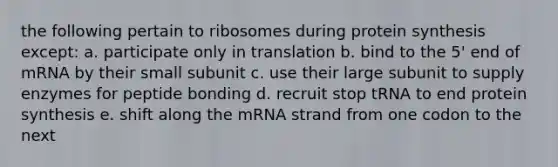 the following pertain to ribosomes during protein synthesis except: a. participate only in translation b. bind to the 5' end of mRNA by their small subunit c. use their large subunit to supply enzymes for peptide bonding d. recruit stop tRNA to end protein synthesis e. shift along the mRNA strand from one codon to the next