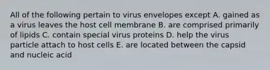 All of the following pertain to virus envelopes except A. gained as a virus leaves the host cell membrane B. are comprised primarily of lipids C. contain special virus proteins D. help the virus particle attach to host cells E. are located between the capsid and nucleic acid