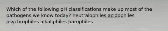 Which of the following pH classifications make up most of the pathogens we know today? neutralophiles acidophiles psychrophiles alkaliphiles barophiles