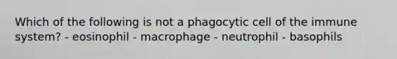 Which of the following is not a phagocytic cell of the immune system? - eosinophil - macrophage - neutrophil - basophils