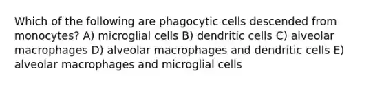 Which of the following are phagocytic cells descended from monocytes? A) microglial cells B) dendritic cells C) alveolar macrophages D) alveolar macrophages and dendritic cells E) alveolar macrophages and microglial cells