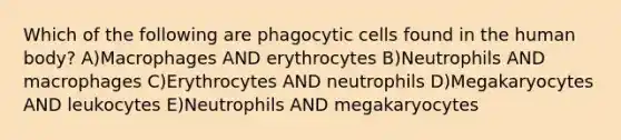 Which of the following are phagocytic cells found in the human body? A)Macrophages AND erythrocytes B)Neutrophils AND macrophages C)Erythrocytes AND neutrophils D)Megakaryocytes AND leukocytes E)Neutrophils AND megakaryocytes