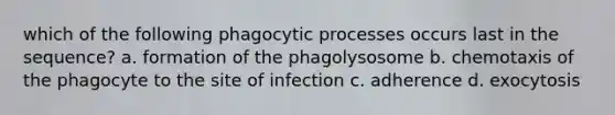 which of the following phagocytic processes occurs last in the sequence? a. formation of the phagolysosome b. chemotaxis of the phagocyte to the site of infection c. adherence d. exocytosis