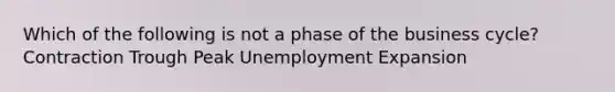 Which of the following is not a phase of the business cycle? Contraction Trough Peak Unemployment Expansion