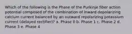 Which of the following is the Phase of the Purkinje fiber action potential composed of the combination of inward depolarizing calcium current balanced by an outward repolarizing potassium current (delayed rectifier)? a. Phase 0 b. Phase 1 c. Phase 2 d. Phase 3 e. Phase 4