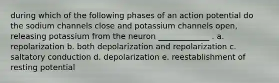 during which of the following phases of an action potential do the sodium channels close and potassium channels open, releasing potassium from the neuron _____________ . a. repolarization b. both depolarization and repolarization c. saltatory conduction d. depolarization e. reestablishment of resting potential