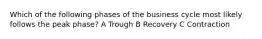 Which of the following phases of the business cycle most likely follows the peak phase? A Trough B Recovery C Contraction