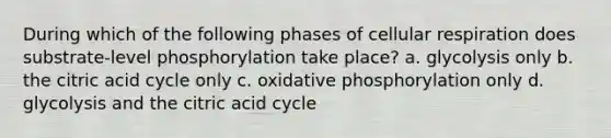 During which of the following phases of <a href='https://www.questionai.com/knowledge/k1IqNYBAJw-cellular-respiration' class='anchor-knowledge'>cellular respiration</a> does substrate-level phosphorylation take place? a. glycolysis only b. the citric acid cycle only c. <a href='https://www.questionai.com/knowledge/kFazUb9IwO-oxidative-phosphorylation' class='anchor-knowledge'>oxidative phosphorylation</a> only d. glycolysis and the citric acid cycle