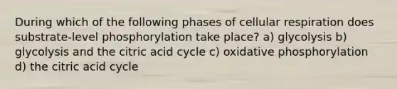 During which of the following phases of cellular respiration does substrate-level phosphorylation take place? a) glycolysis b) glycolysis and the citric acid cycle c) oxidative phosphorylation d) the citric acid cycle