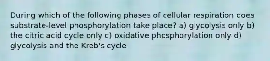 During which of the following phases of cellular respiration does substrate-level phosphorylation take place? a) glycolysis only b) the citric acid cycle only c) <a href='https://www.questionai.com/knowledge/kFazUb9IwO-oxidative-phosphorylation' class='anchor-knowledge'>oxidative phosphorylation</a> only d) glycolysis and the Kreb's cycle