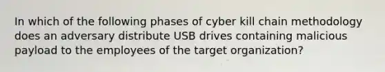 In which of the following phases of cyber kill chain methodology does an adversary distribute USB drives containing malicious payload to the employees of the target organization?