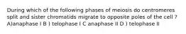 During which of the following phases of meiosis do centromeres split and sister chromatids migrate to opposite poles of the cell ? A)anaphase I B ) telophase I C anaphase II D ) telophase II