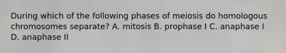 During which of the following phases of meiosis do homologous chromosomes separate? A. mitosis B. prophase I C. anaphase I D. anaphase II