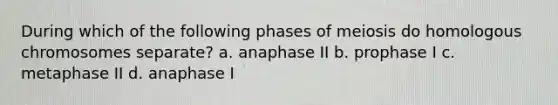 During which of the following phases of meiosis do homologous chromosomes separate? a. anaphase II b. prophase I c. metaphase II d. anaphase I