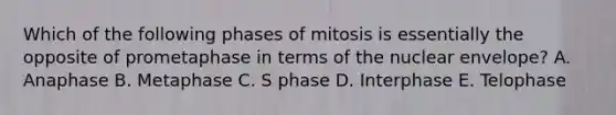 Which of the following phases of mitosis is essentially the opposite of prometaphase in terms of the nuclear envelope? A. Anaphase B. Metaphase C. S phase D. Interphase E. Telophase